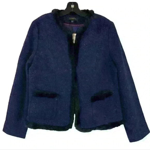 Talbots Jackets & Blazers - Talbots Navy Blue Wool Knit Blend Black Faux-Fur Trim Shetland Jacket Si…